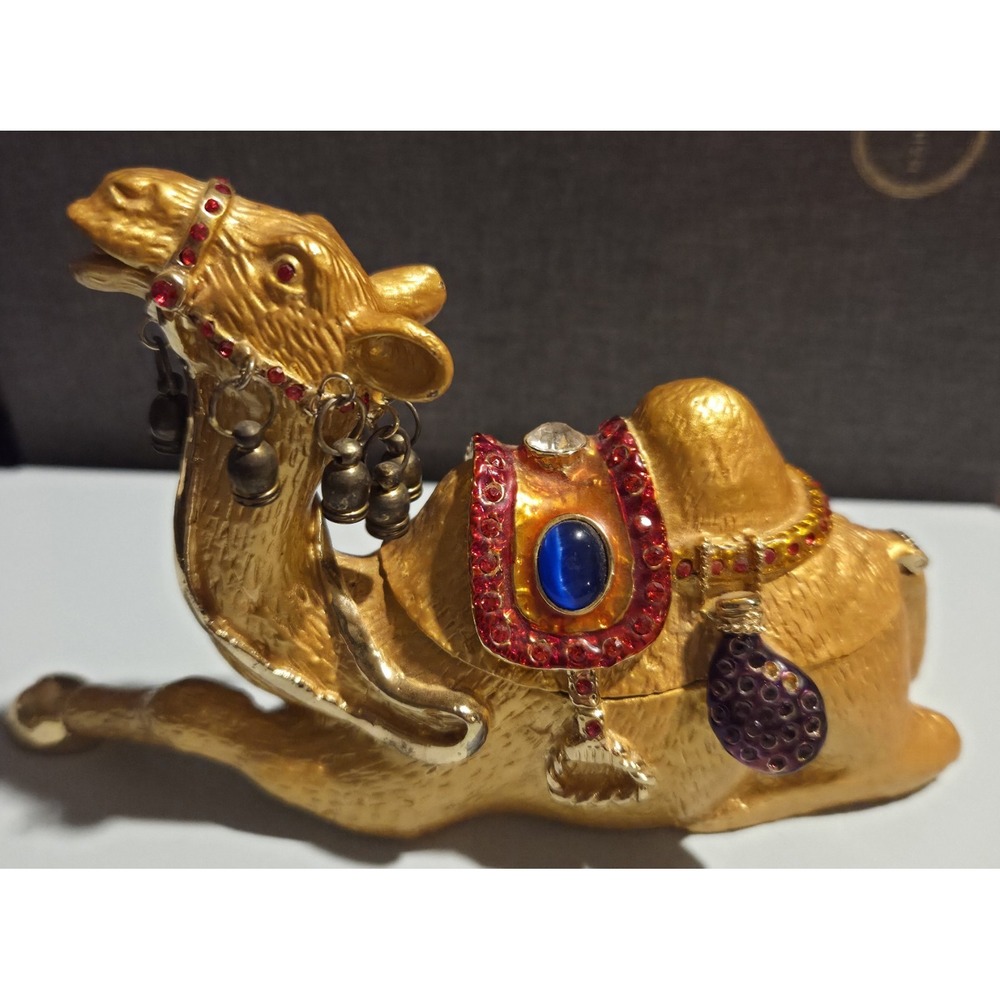 Vintage QIFU Trinket Box Camel Gold Tone‎ Metal Enamel With Jewels Rhinestone